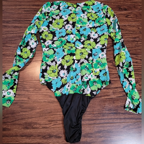 Zara NEW Green Blue Floral Bodysuit Peek Chest Long Sleeve Zipper Back NWOT XS - Picture 7 of 12